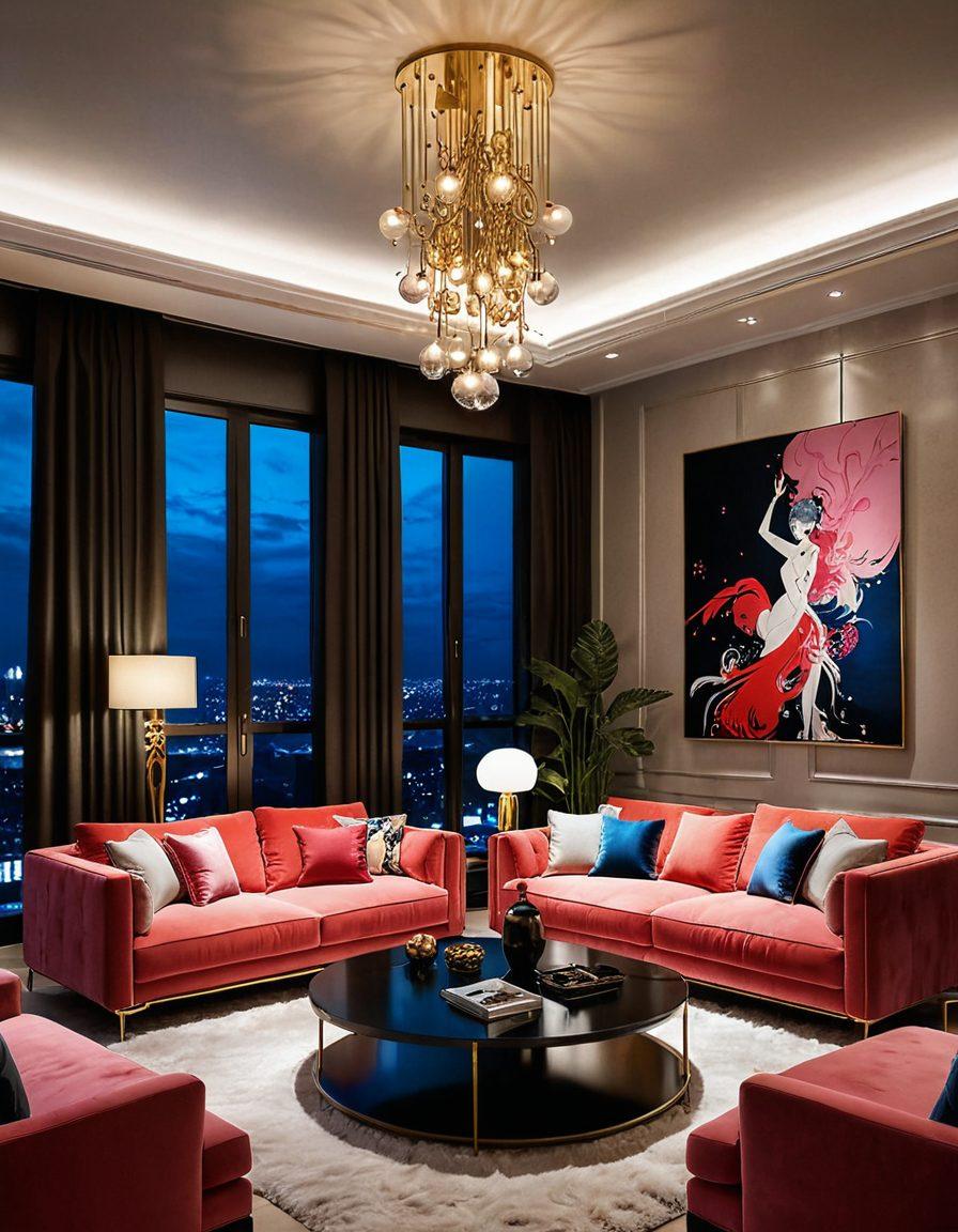 A stylish luxury apartment interior showcasing tasteful adult-themed decor influenced by hentai culture, with a vibrant color palette and tasteful artwork on the walls. Include elements like plush furniture, ambient lighting, and playful yet sophisticated ornaments that evoke a sense of both luxury and whimsy. Capture a comfortable living space where sophistication meets playful artistic expression. super-realistic. vibrant colors. 3D.