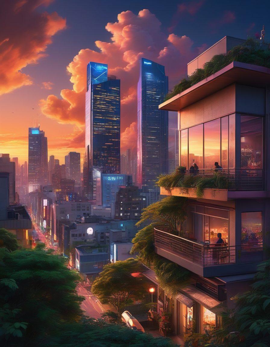 A vibrant city skyline at sunset, with towering modern high-rises juxtaposed against playful, oversized manga-style characters lounging and exploring the urban landscape. Lush greenery and colorful street art enhance the lively atmosphere, highlighting adult rental options in a whimsical manner. Incorporate neon lights and playful clouds in the sky to reflect a blend of contemporary lifestyle and anime culture. super-realistic. vibrant colors. urban theme.