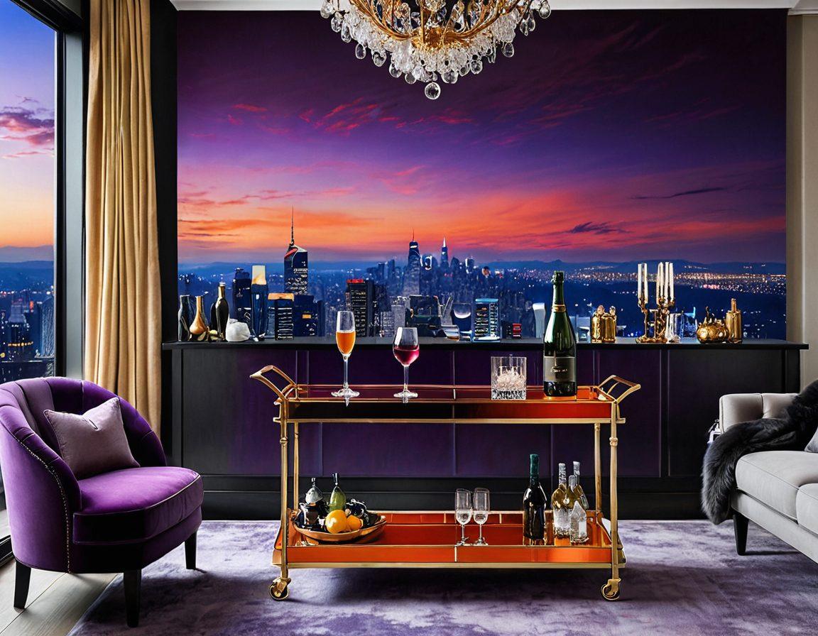 A luxurious apartment interior featuring elegant furnishings, soft ambient lighting, and tasteful decor that subtly suggests a blend of sophistication and sensuality. Include a stylish bar cart stocked with premium drinks, plush velvet seating, and a stunning view of a city skyline at dusk. A hint of playful decadence, like elegant champagne flutes and tasteful artwork. super-realistic. vibrant colors.